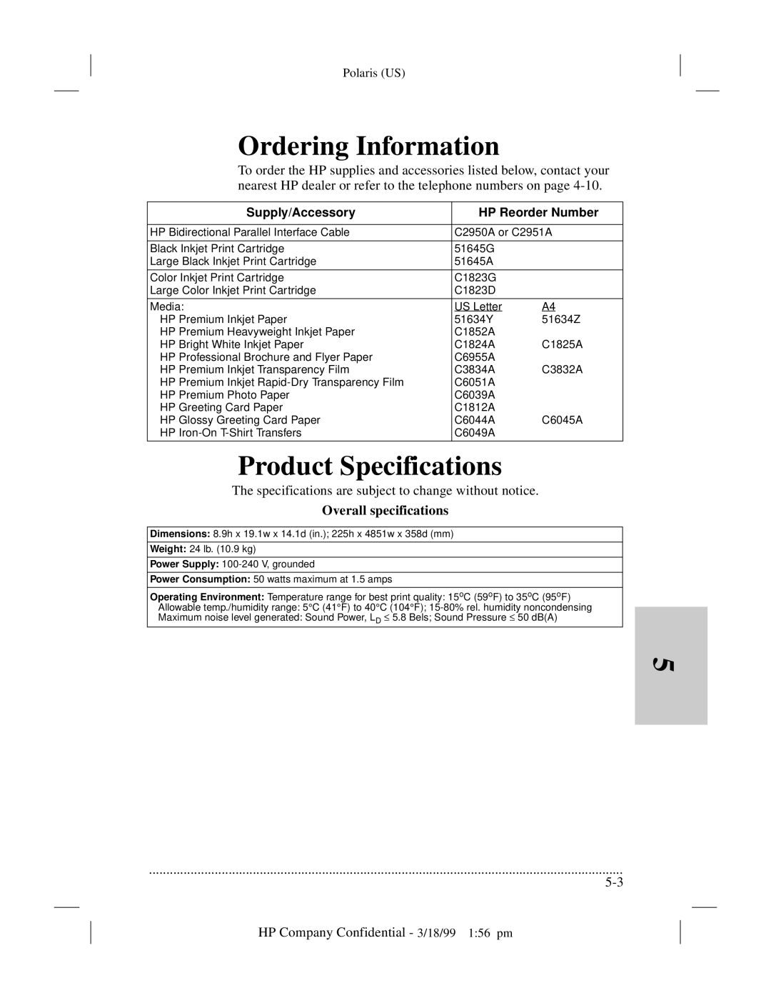 HP t65, t45xi manual Ordering Information, Product Specifications, Overall specifications 