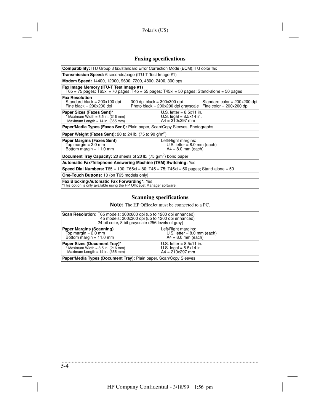 HP t65, t45xi manual Faxing specifications, Scanning specifications 