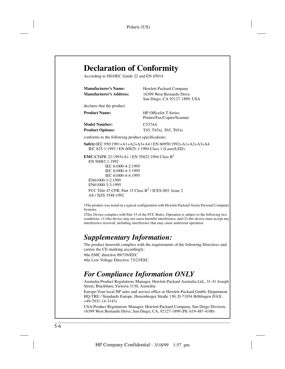 HP t65, t45xi manual Declaration of Conformity, Product Options 