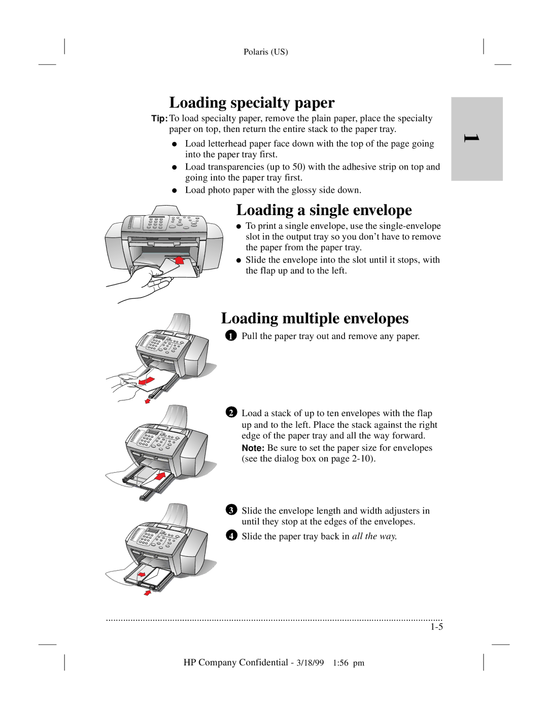 HP t65, t45xi manual Loading specialty paper, Loading a single envelope, Loading multiple envelopes 