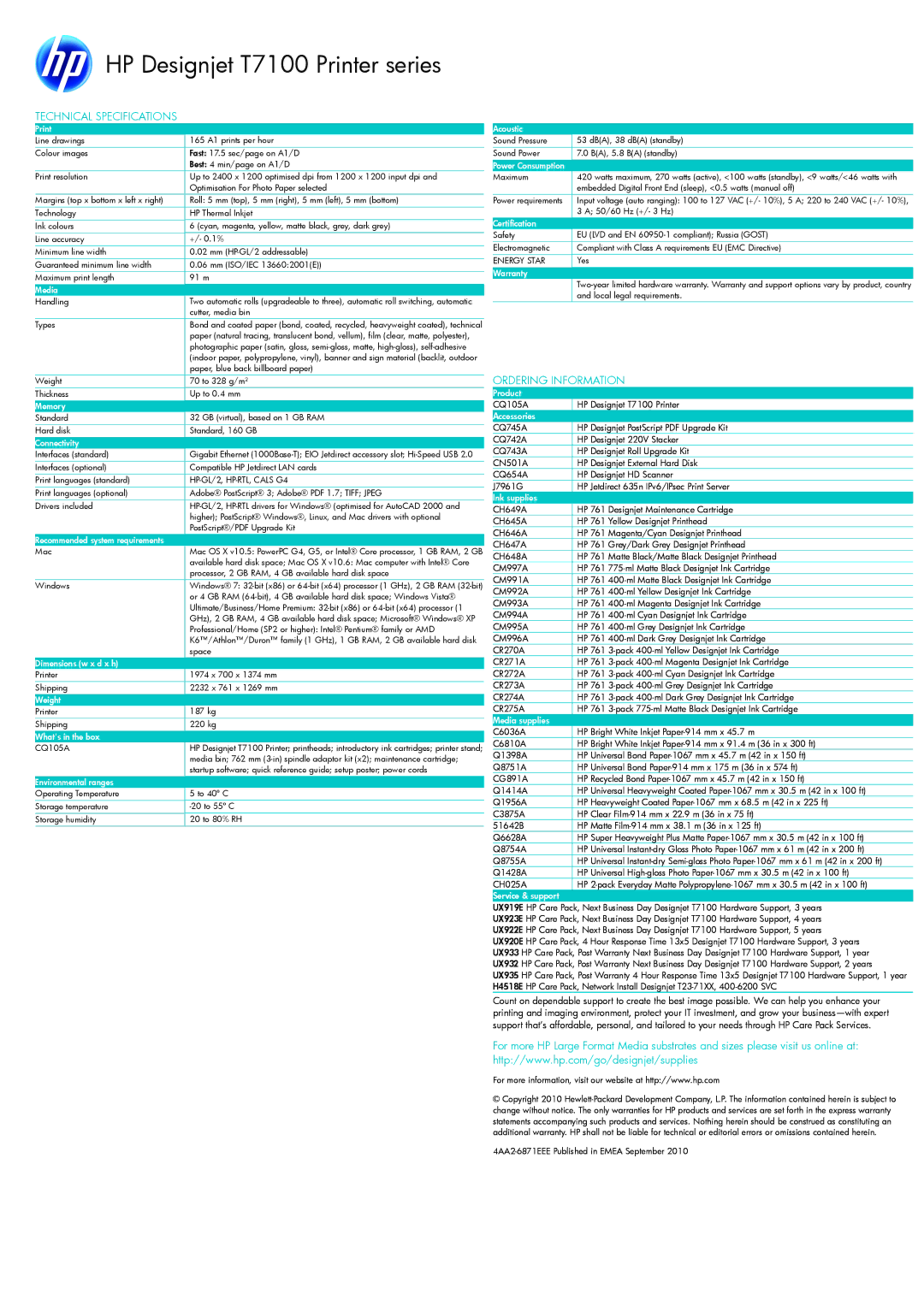 HP T7100 manual Print, Media, Memory, Connectivity, Recommended system requirements, Dimensions w x d x h, Weight, Acoustic 