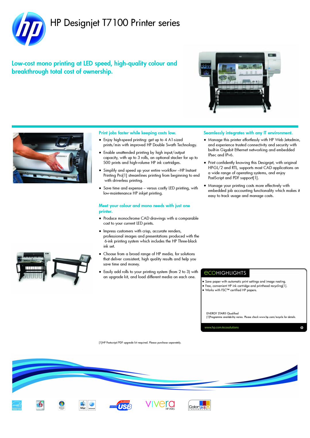 HP manual HP Designjet T7100 Printer series, Print jobs faster while keeping costs low 