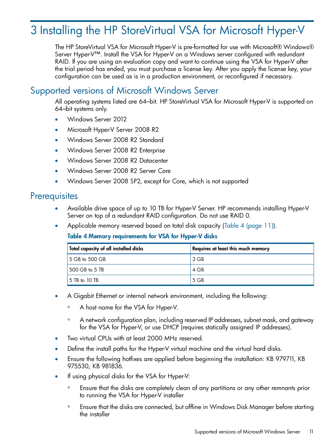 HP TA688-96138 Installing the HP StoreVirtual VSA for Microsoft Hyper-V, Supported versions of Microsoft Windows Server 