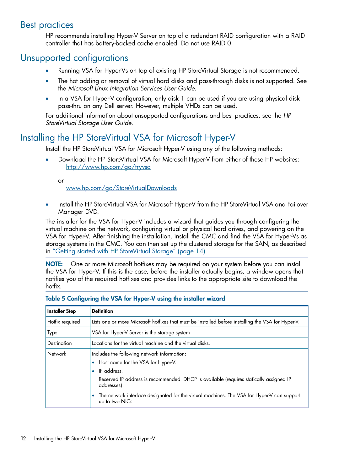 HP TA688-96138 manual Best practices, Unsupported configurations, Installing the HP StoreVirtual VSA for Microsoft Hyper-V 