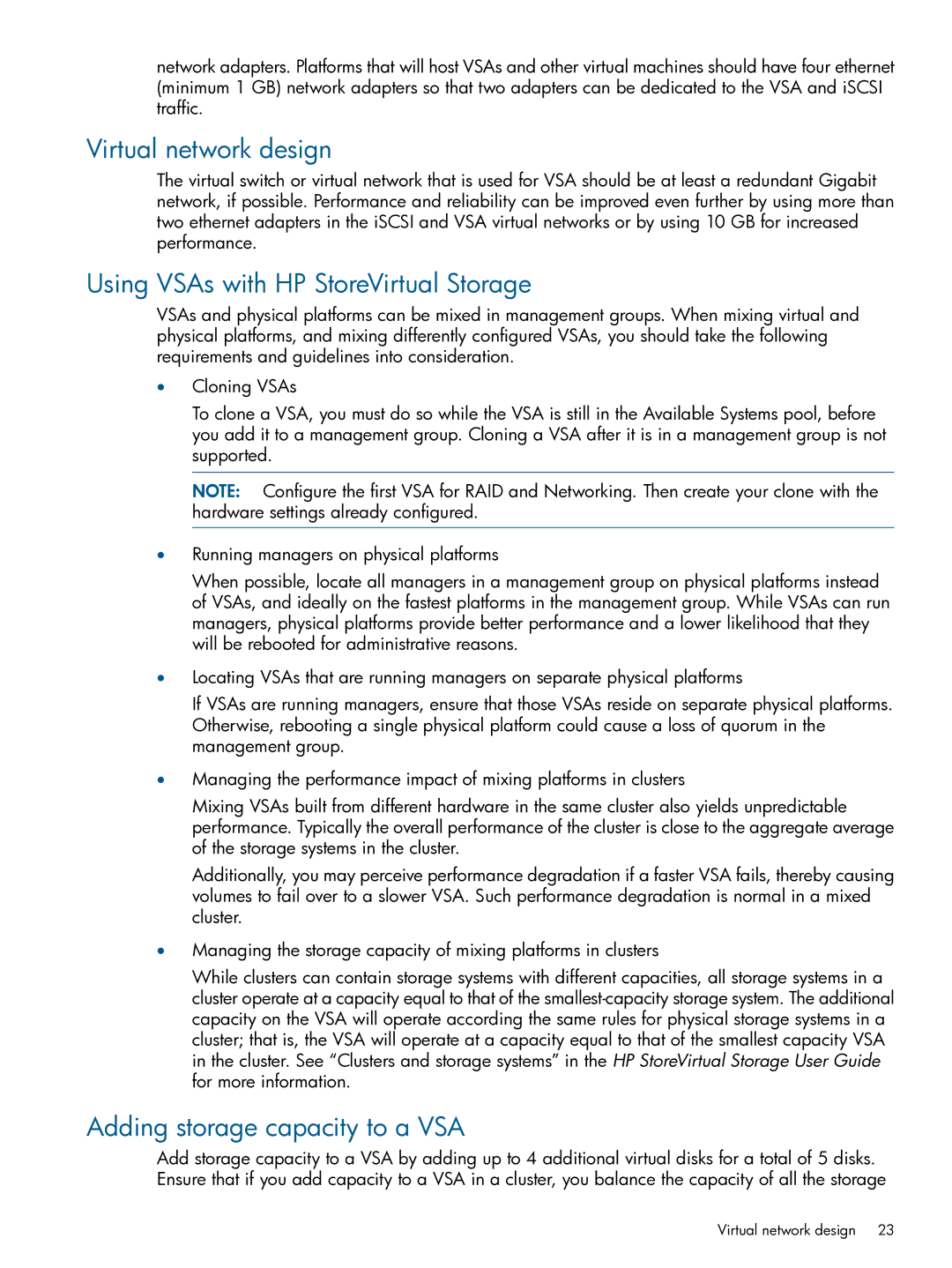 HP TA688-96138 manual Virtual network design, Using VSAs with HP StoreVirtual Storage, Adding storage capacity to a VSA 