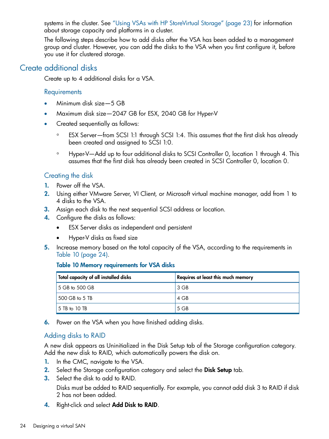 HP TA688-96138 manual Create additional disks, Memory requirements for VSA disks 