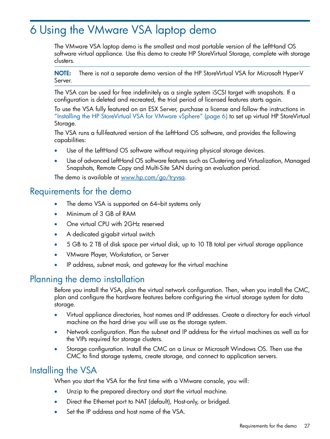 HP TA688-96138 manual Using the VMware VSA laptop demo, Requirements for the demo, Planning the demo installation 