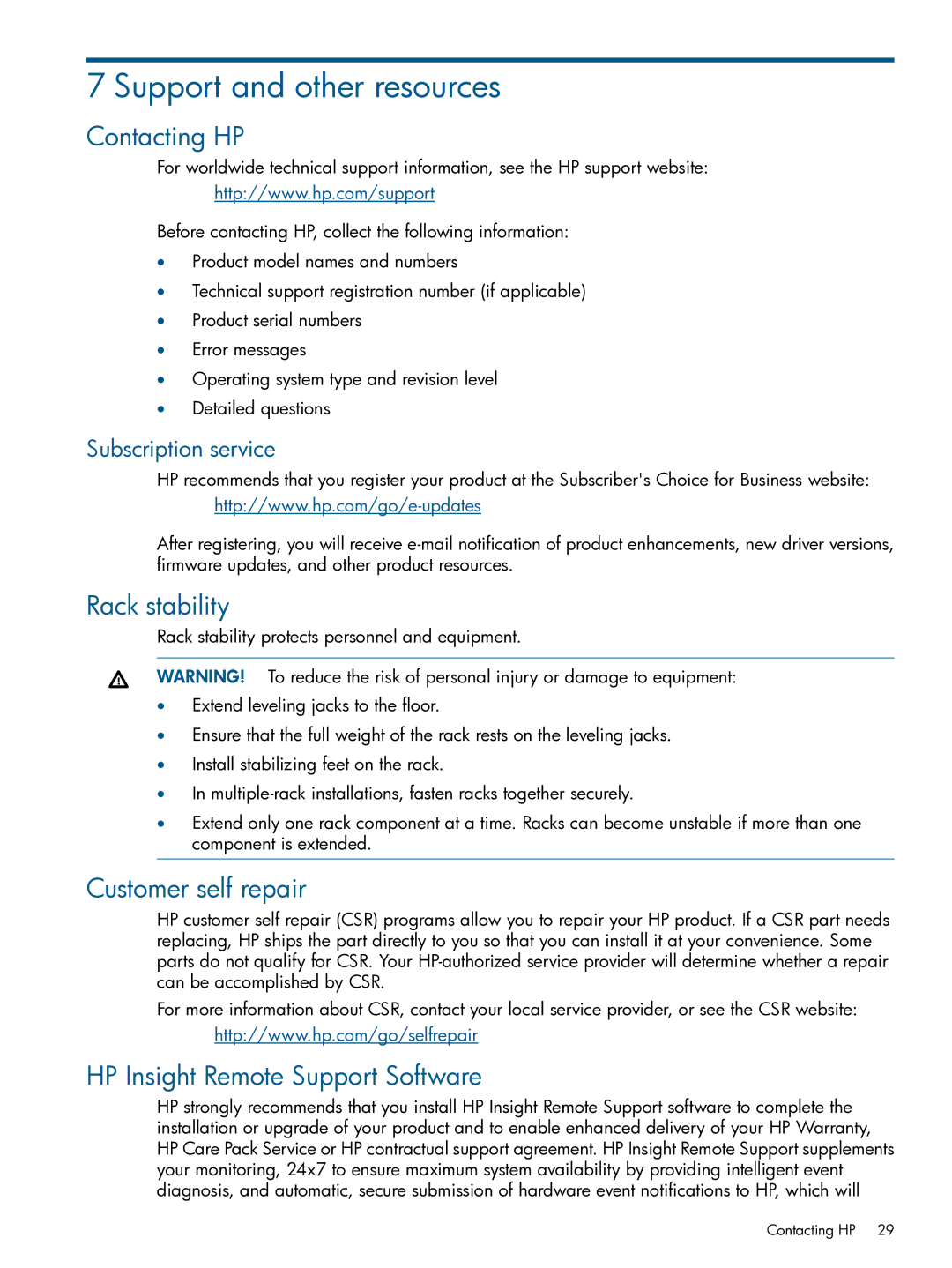 HP TA688-96138 manual Support and other resources, Contacting HP, Rack stability, Customer self repair 