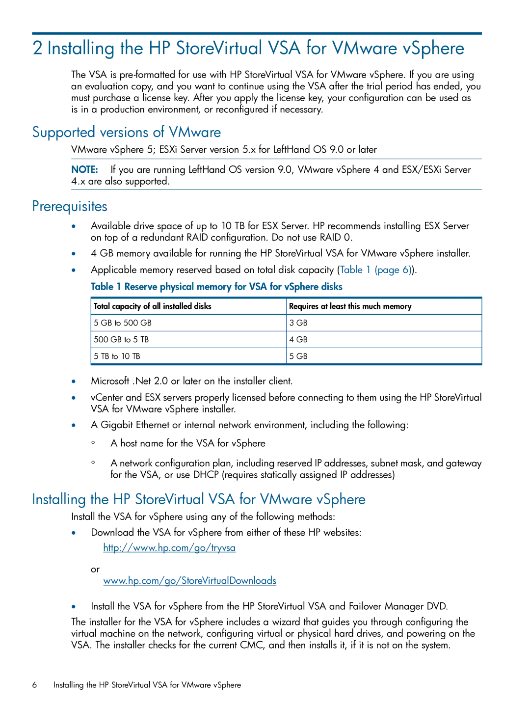 HP TA688-96138 manual Installing the HP StoreVirtual VSA for VMware vSphere, Supported versions of VMware, Prerequisites 