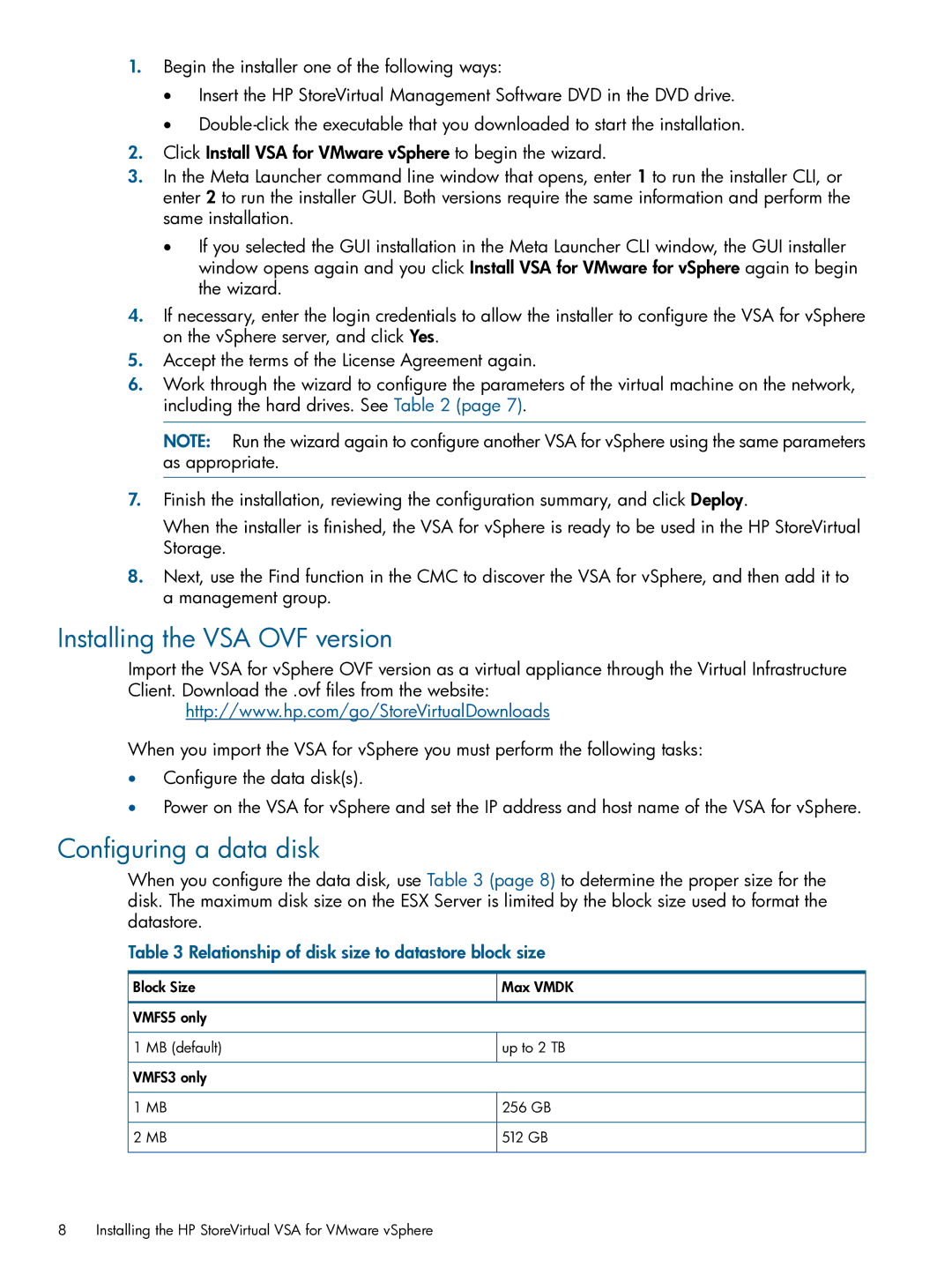 HP TA688-96138 Installing the VSA OVF version, Configuring a data disk, Relationship of disk size to datastore block size 