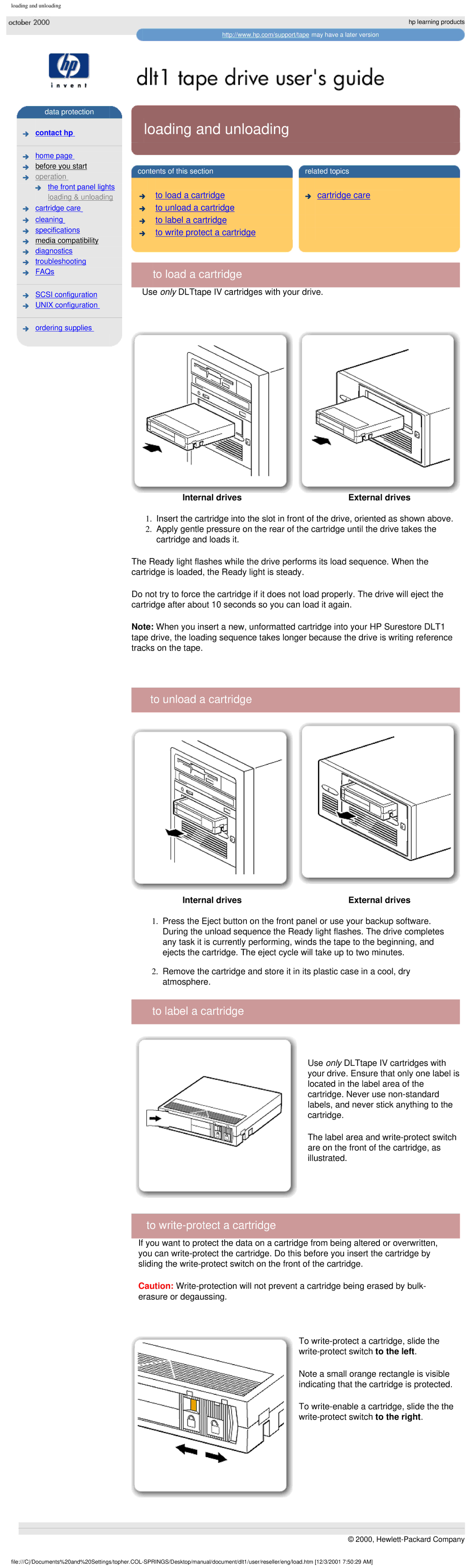 HP Tape manual Loading and unloading, To load a cartridge, To unload a cartridge, To label a cartridge 