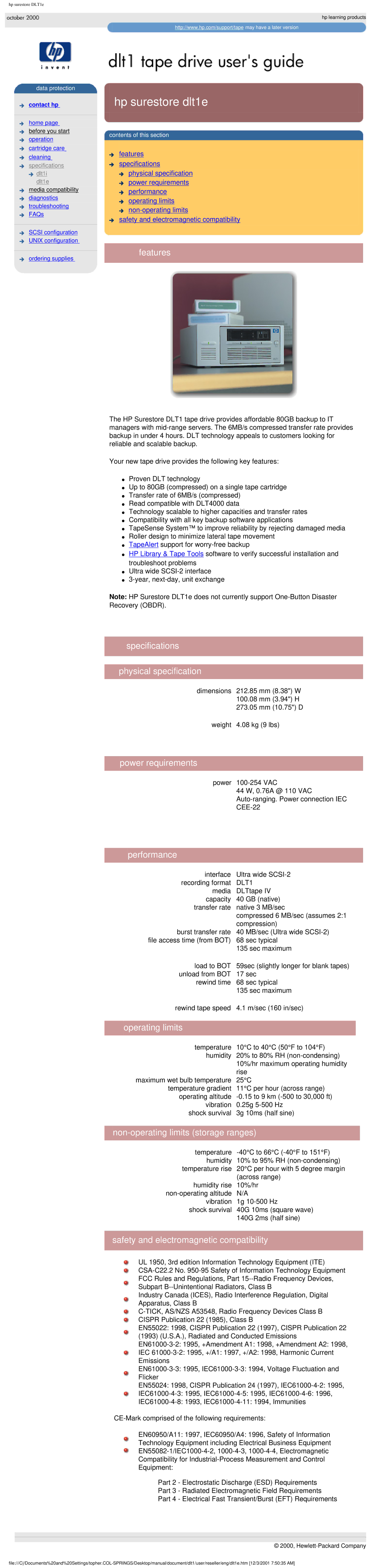 HP Tape manual Hp surestore dlt1e, Non-operating limits storage ranges, Dlt1e 