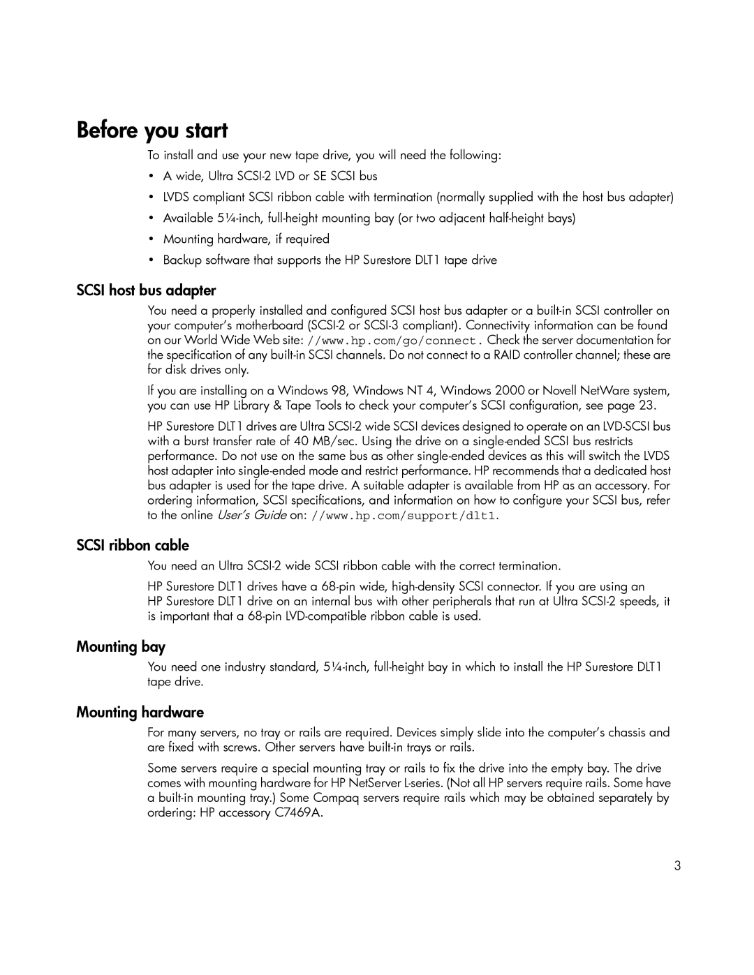 HP Tape manual Scsi host bus adapter, Scsi ribbon cable, Mounting bay, Mounting hardware 