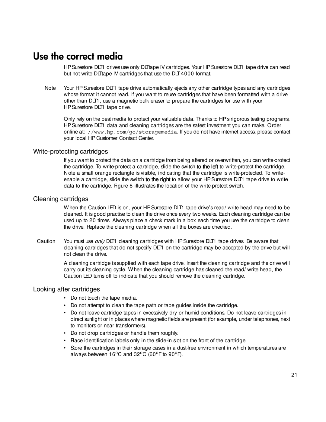 HP Tape manual Write-protecting cartridges, Cleaning cartridges, Looking after cartridges 