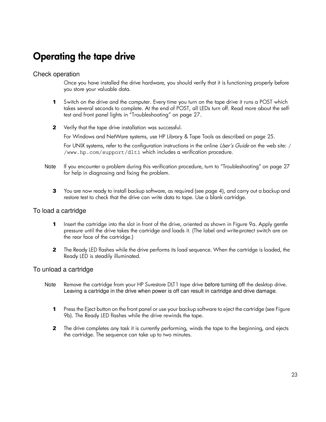 HP Tape manual Check operation, To load a cartridge, To unload a cartridge 