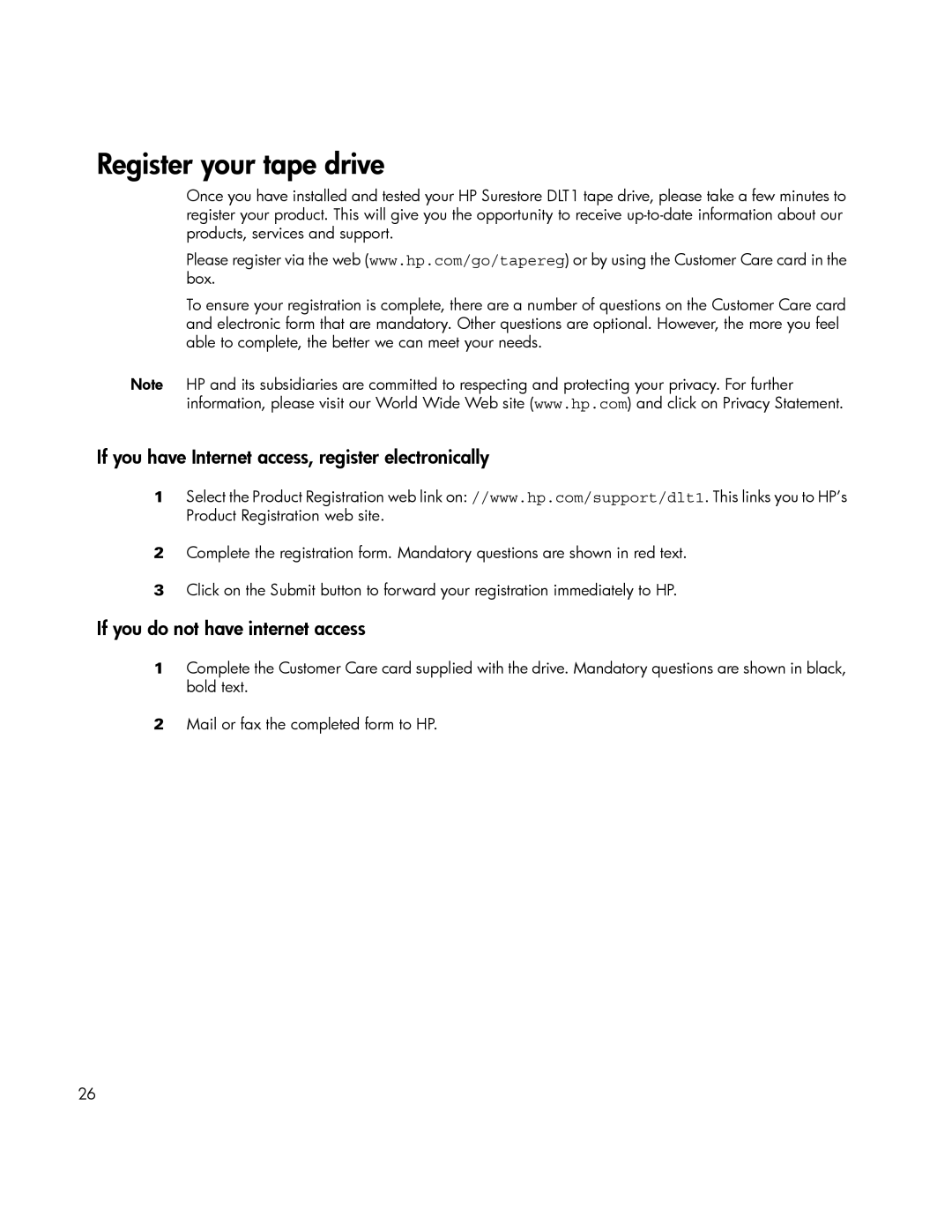 HP Tape manual If you have Internet access, register electronically, If you do not have internet access 