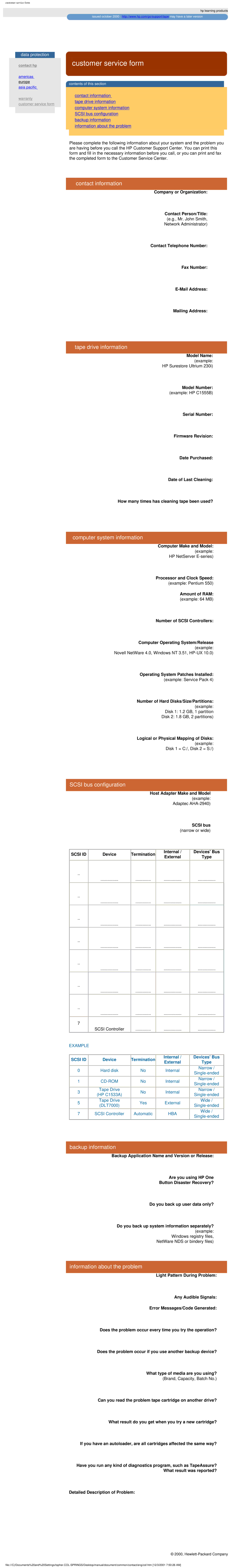 HP Tape manual Customer service form 