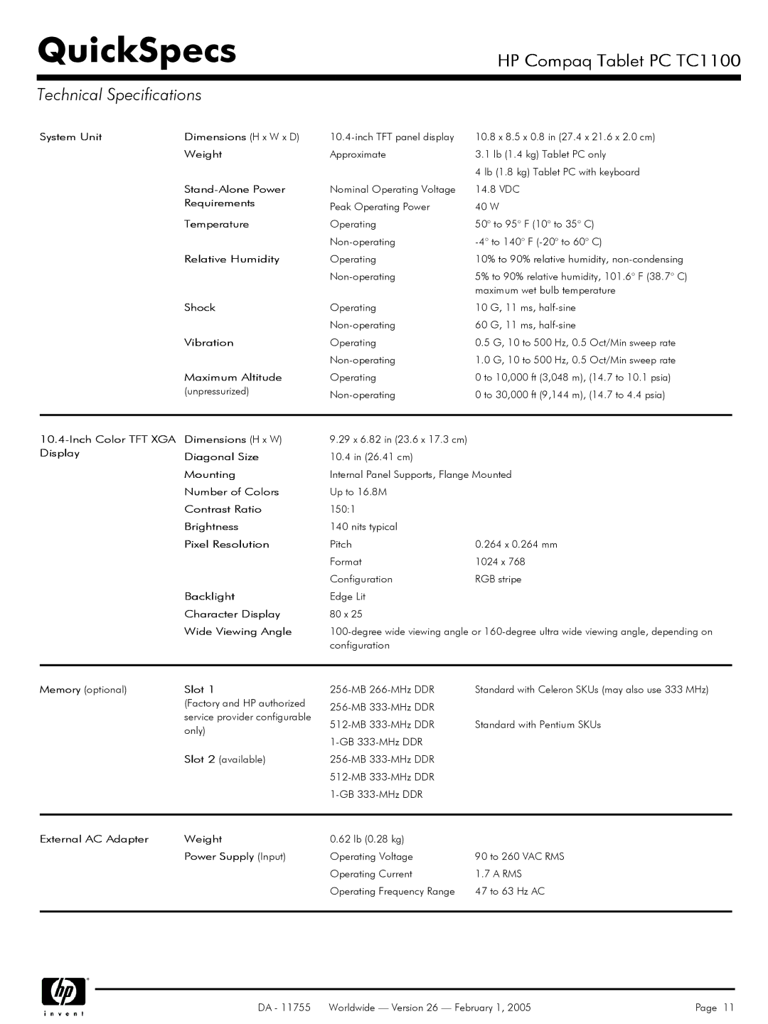 HP TC1 100 manual Technical Specifications 