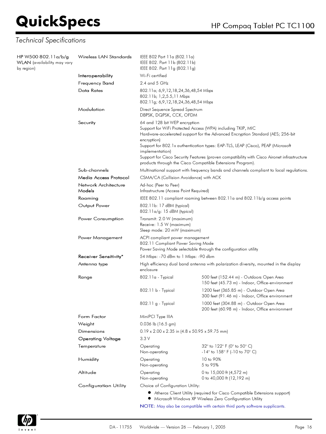 HP TC1 100 HP W500 802.11a/b/g Wireless LAN Standards, Interoperability, Frequency Band, Data Rates, Modulation, Models 