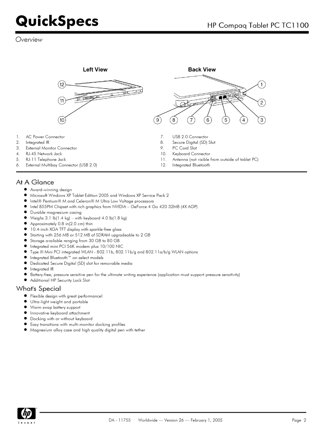 HP TC1 100 manual At a Glance 