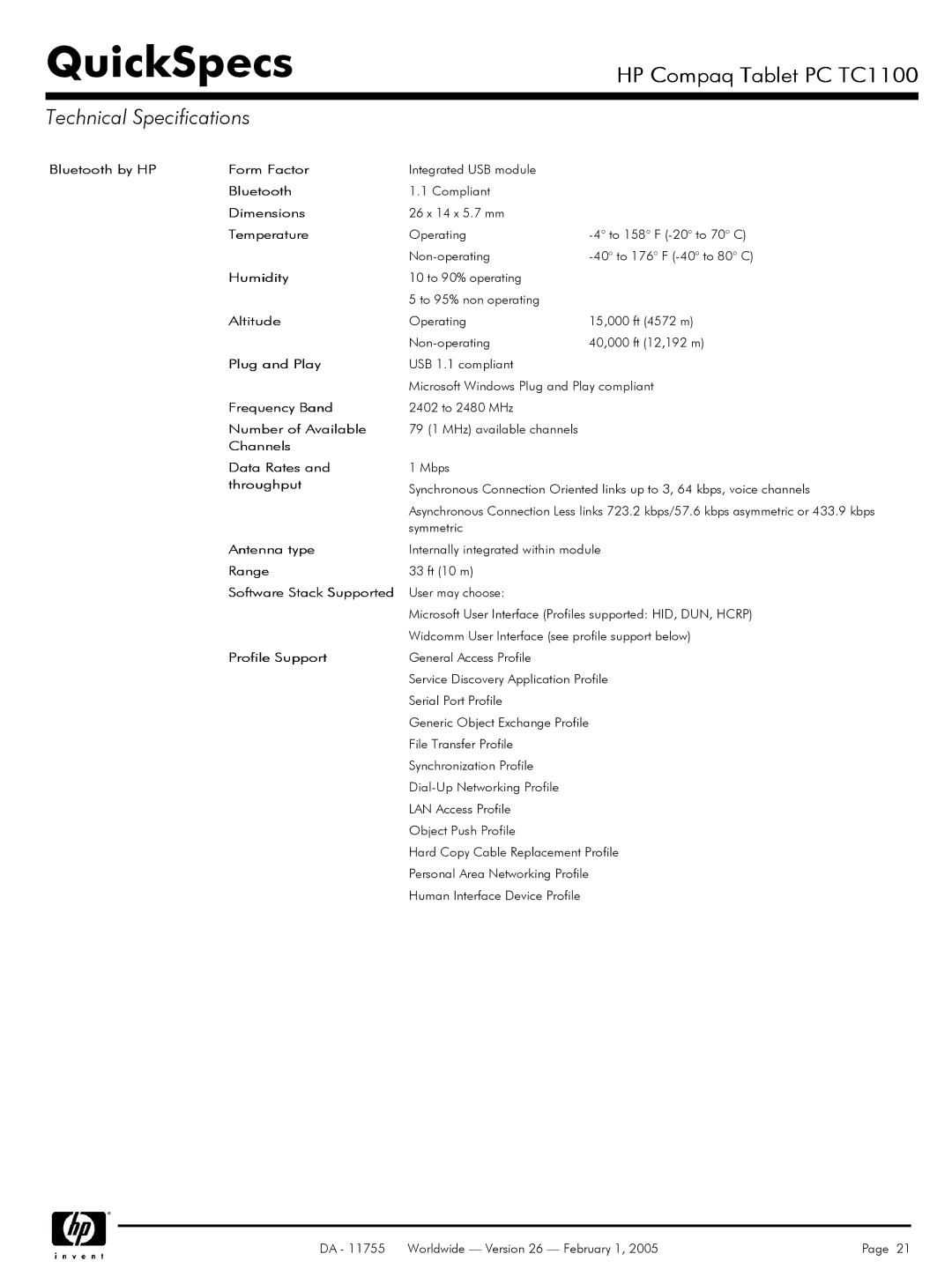 HP TC1 100 manual Bluetooth by HP Form Factor, Plug and Play, Number of Available, Channels Data Rates, Throughput 