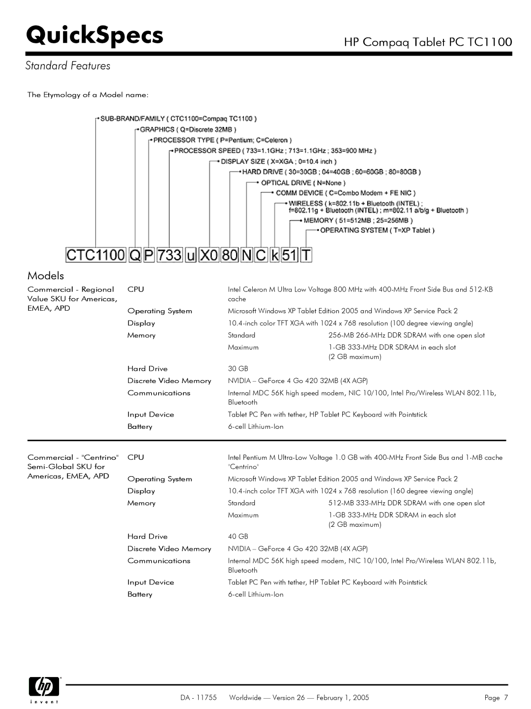 HP TC1 100 Etymology of a Model name, Commercial Regional CPU, Value SKU for Americas, Hard Drive, Discrete Video Memory 