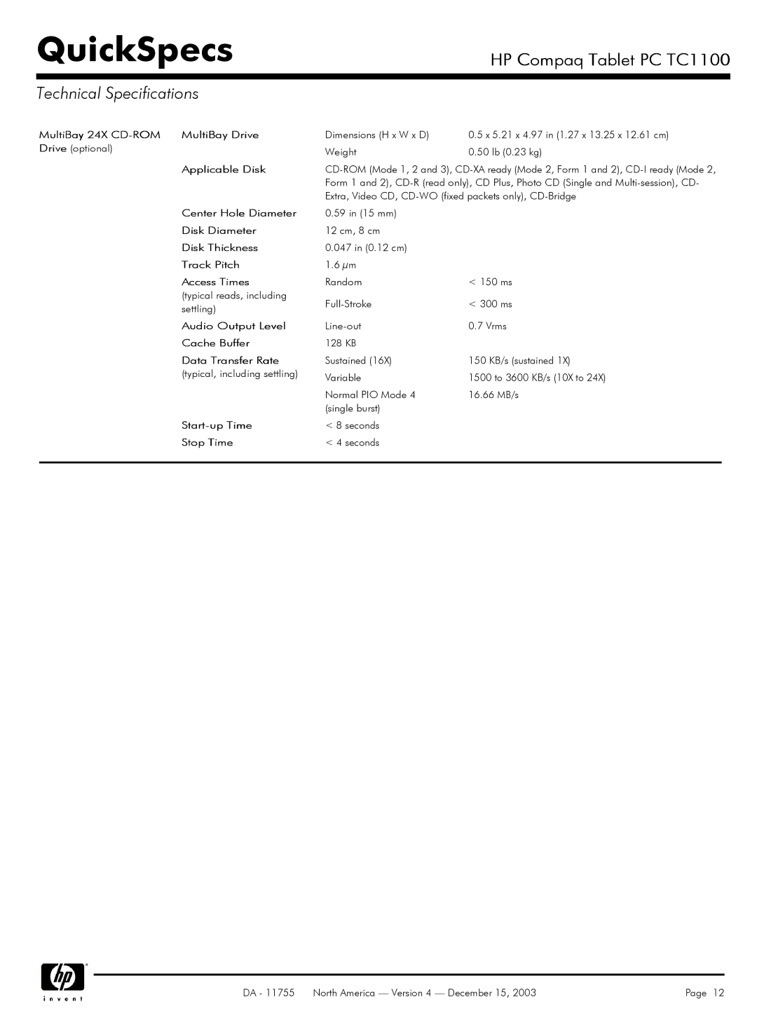 HP TC1 100 manual MultiBay 24X CD-ROM MultiBay Drive, Applicable Disk, Track Pitch Access Times 