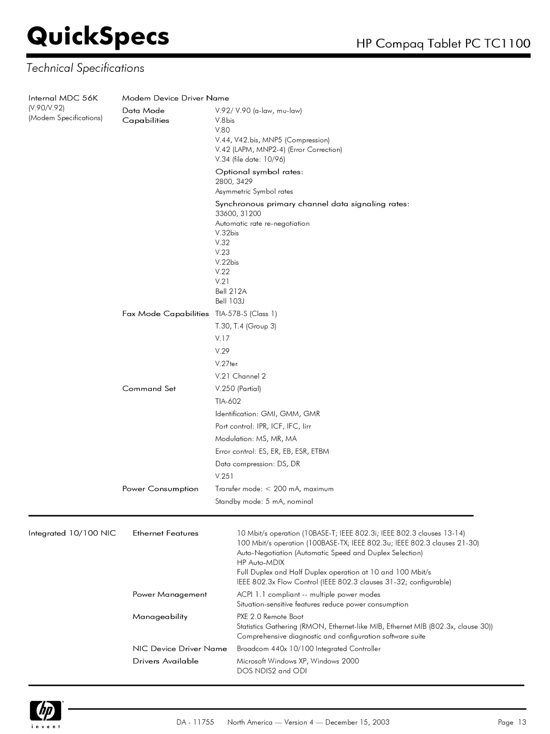 HP TC1 100 manual Internal MDC 56K, Modem Device Driver Name Data Mode, Capabilities, Optional symbol rates, Command Set 