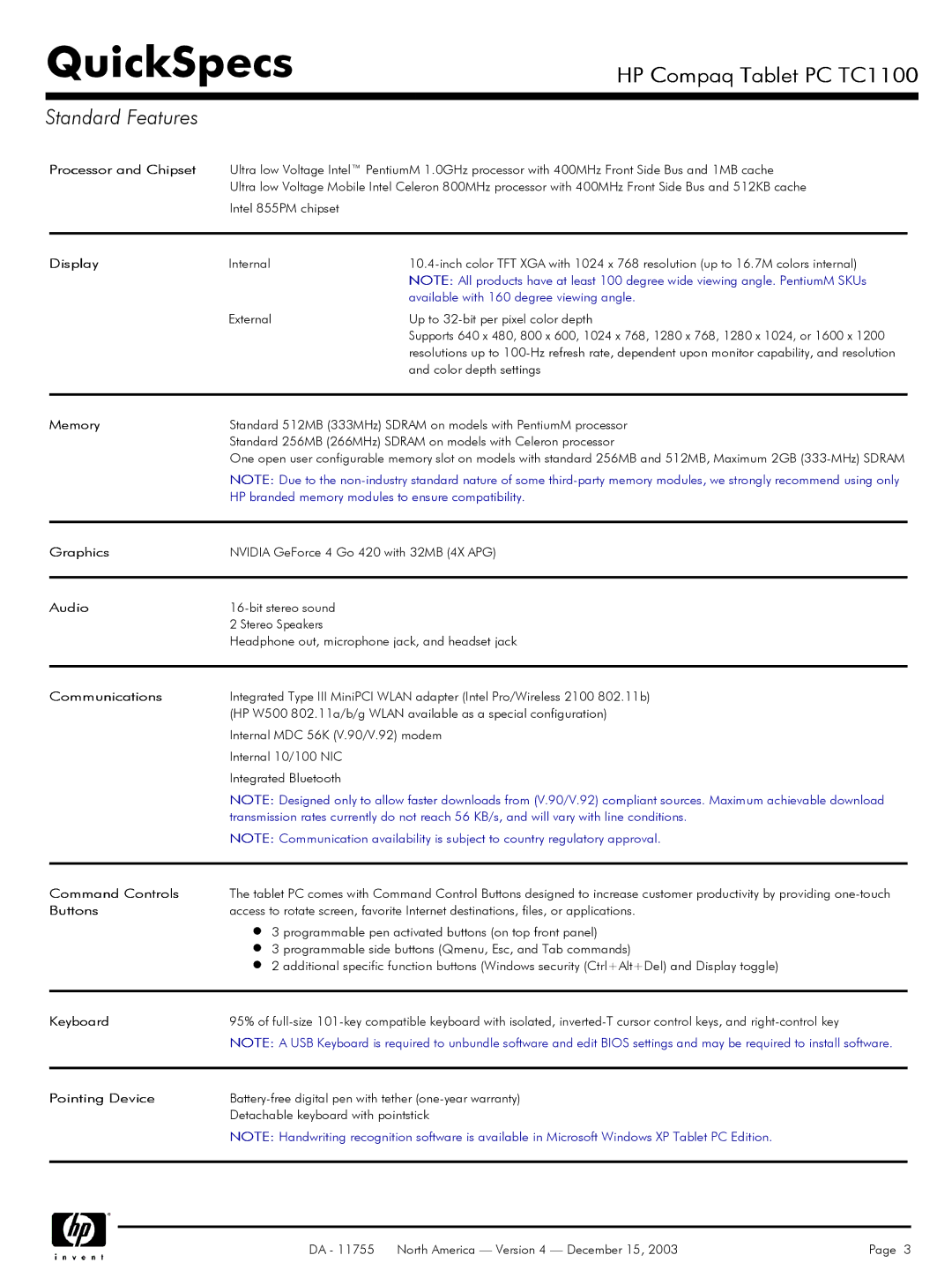 HP TC1 100 manual Standard Features 