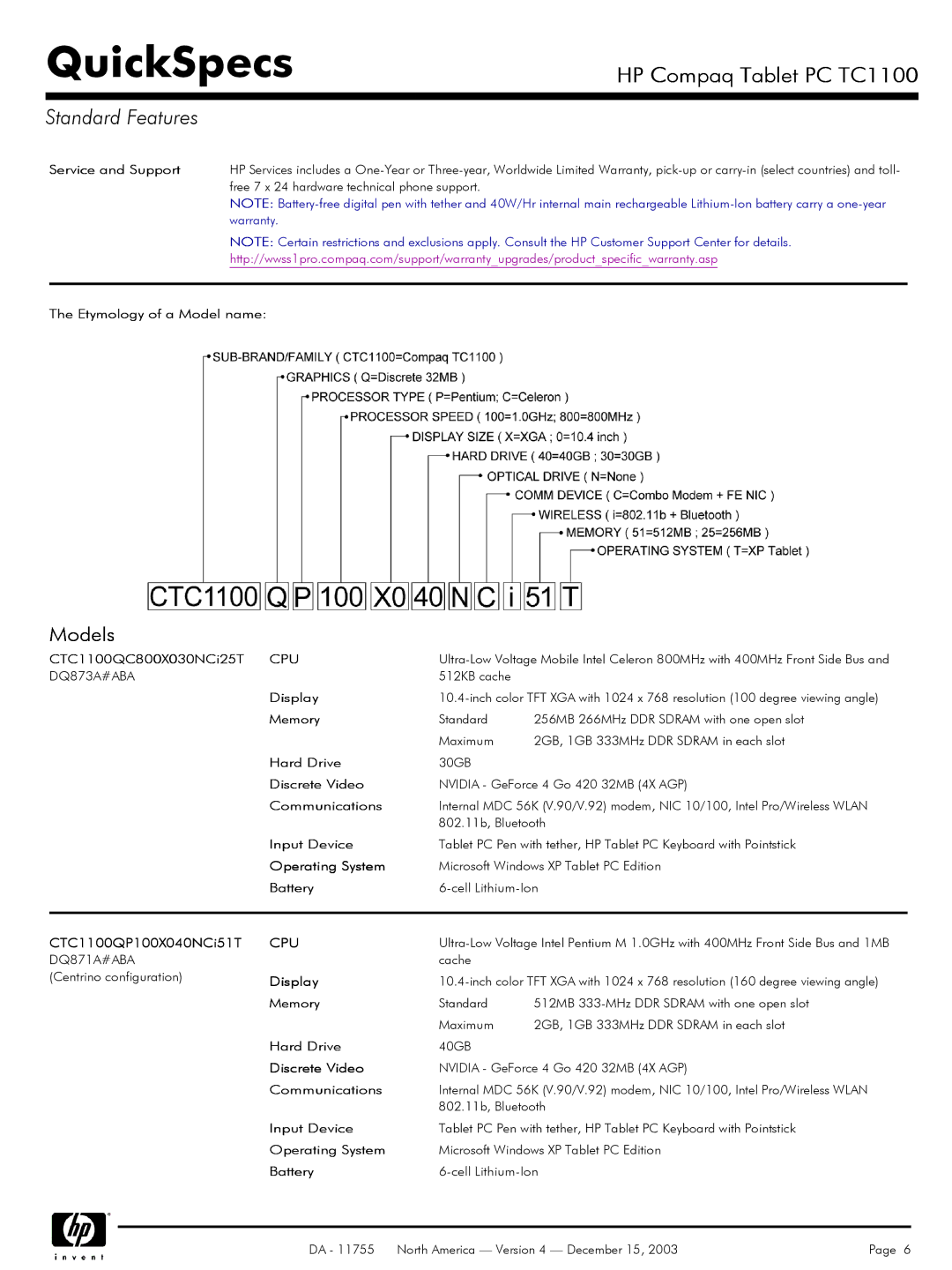 HP TC1 100 manual Service and Support, Etymology of a Model name, CTC1100QC800X030NCi25T, Hard Drive, Discrete Video 