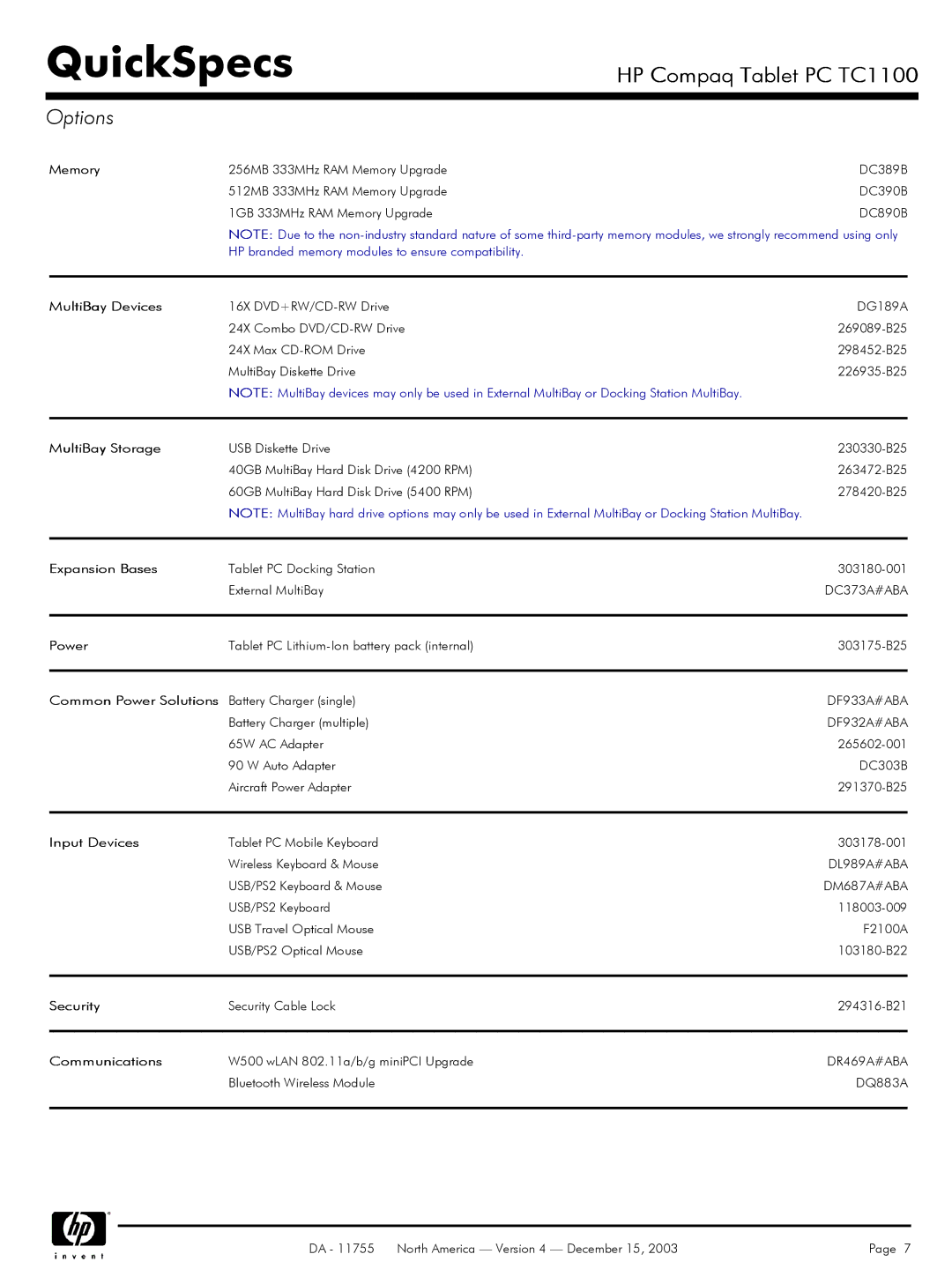 HP TC1 100 manual Options 