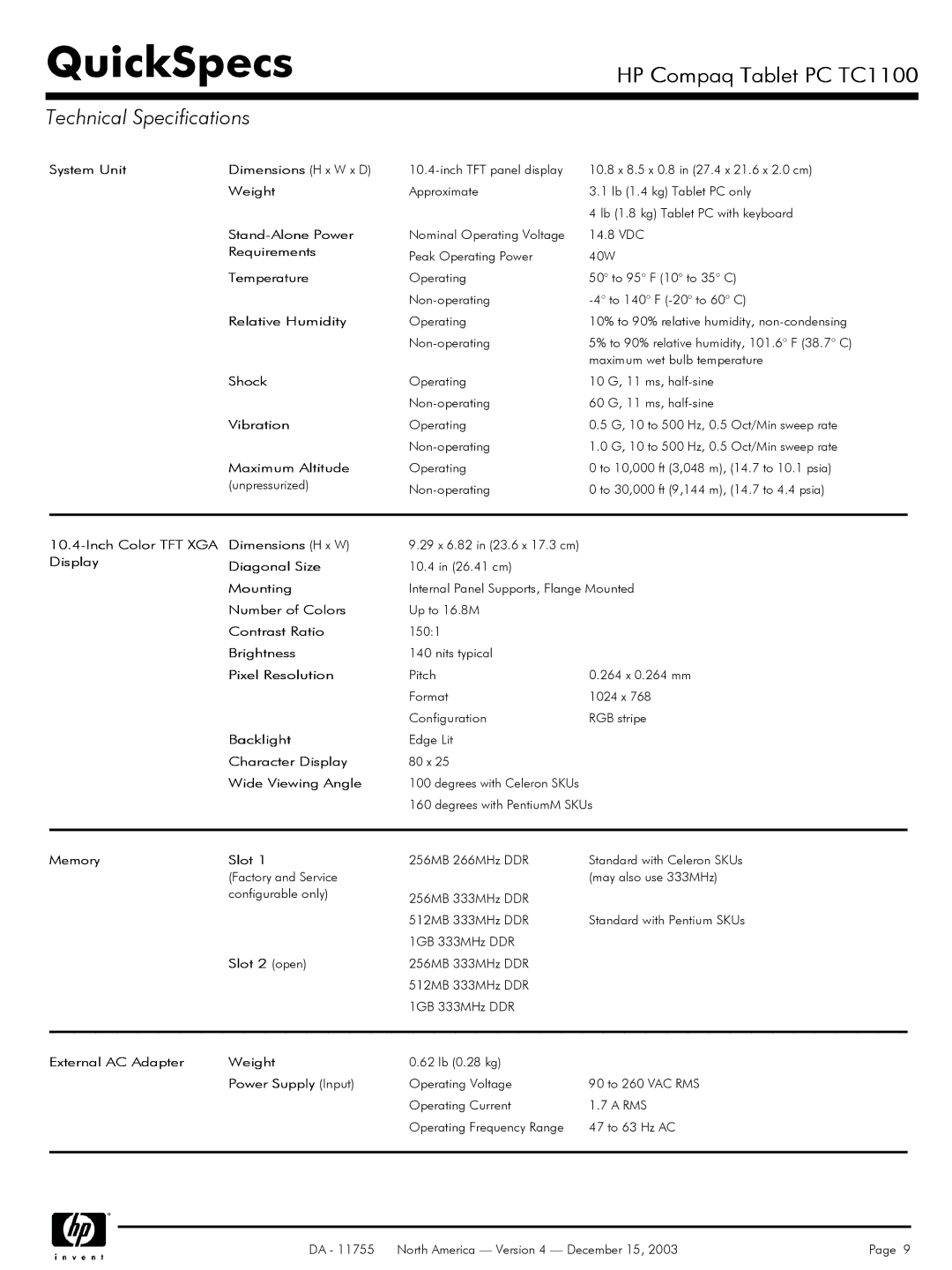 HP TC1 100 manual Technical Specifications 