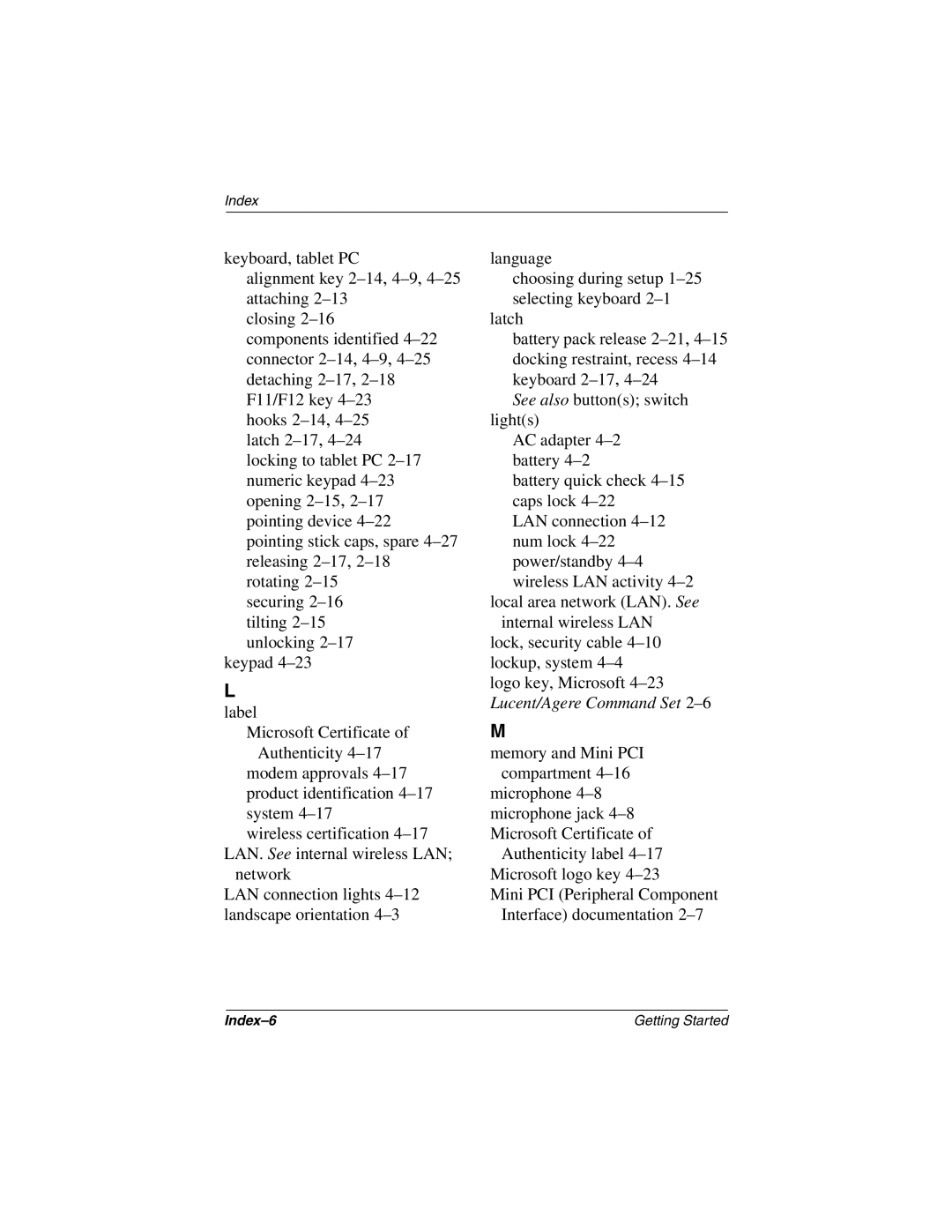 HP tc1000 manual Index-6 Getting Started 