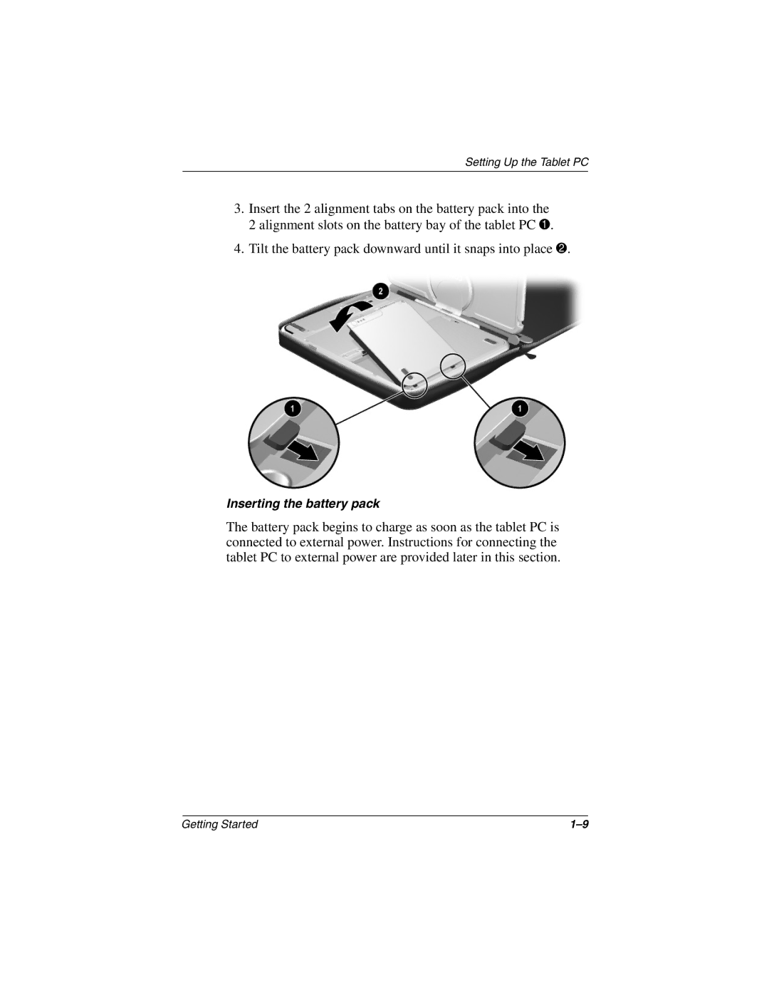 HP tc1000 manual Inserting the battery pack 