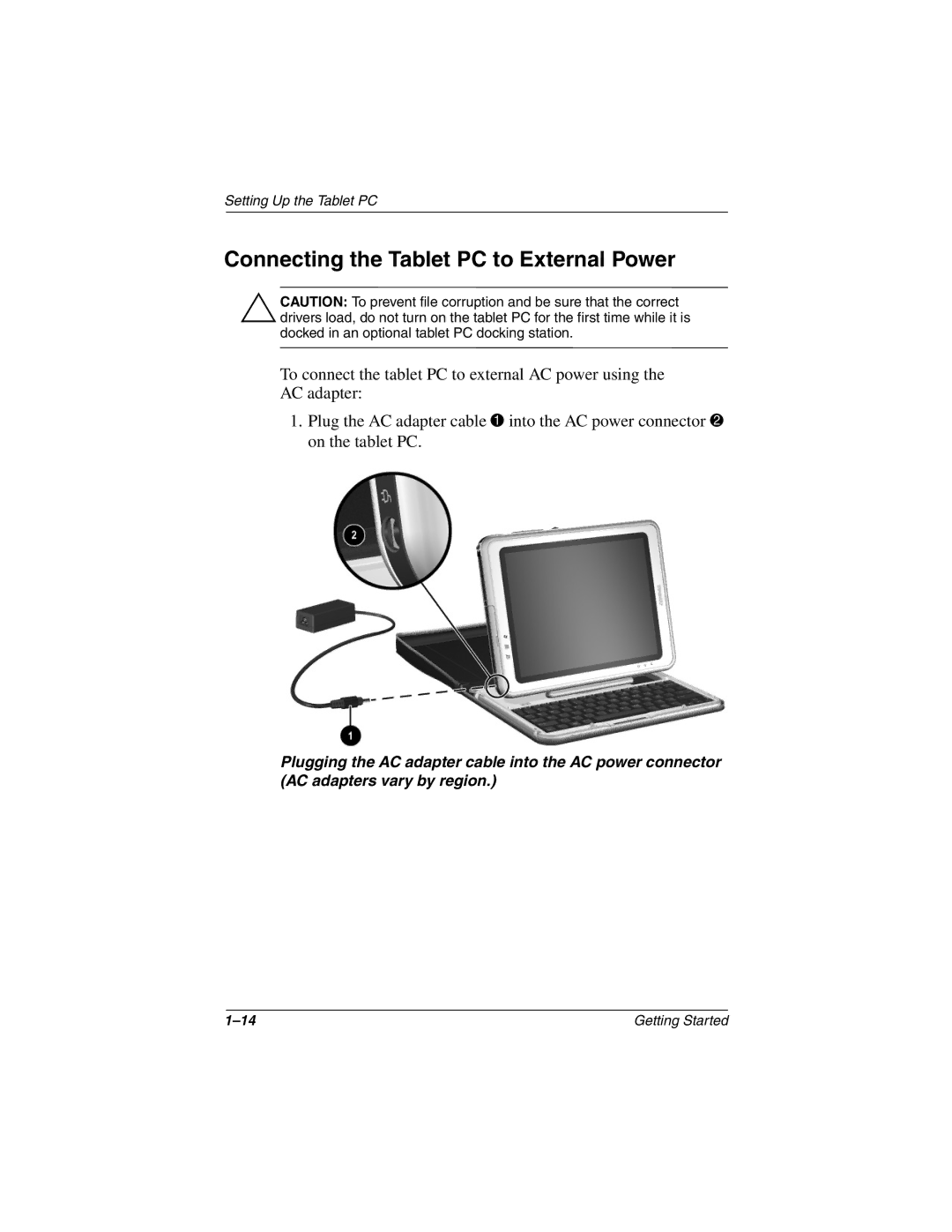 HP tc1000 manual Connecting the Tablet PC to External Power 