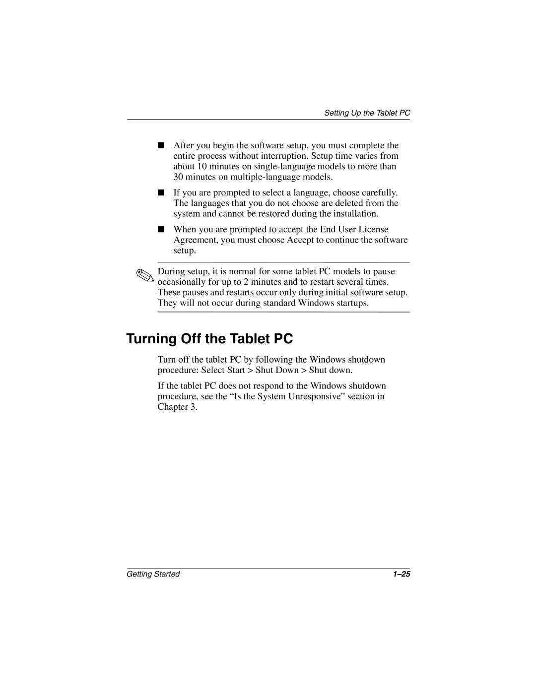 HP tc1000 manual Turning Off the Tablet PC 