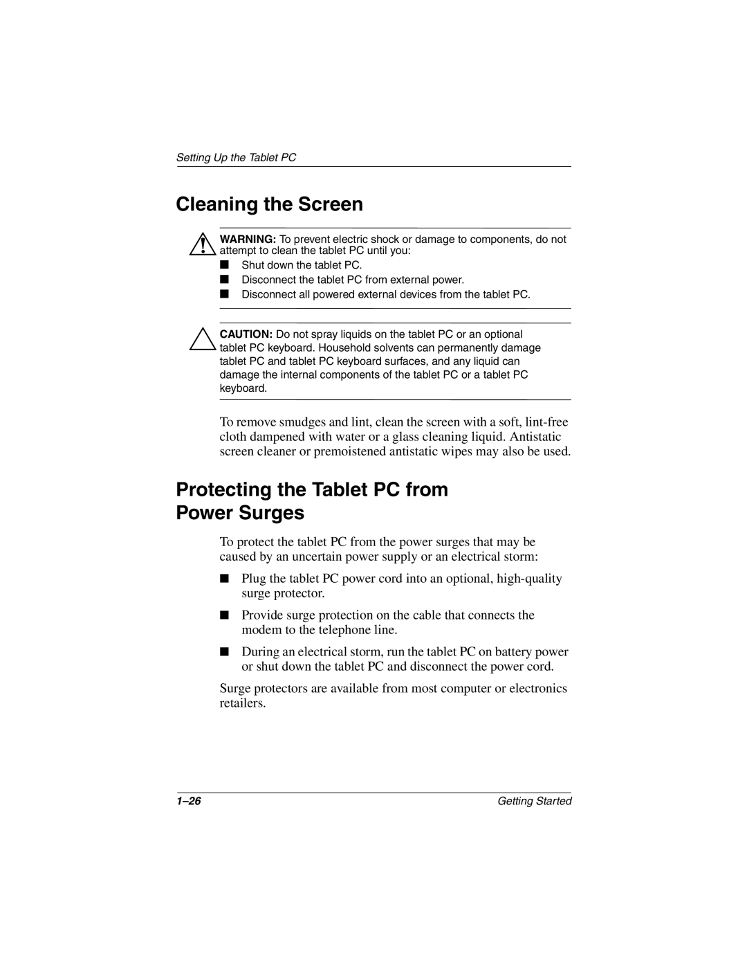 HP tc1000 manual Cleaning the Screen, Protecting the Tablet PC from Power Surges 