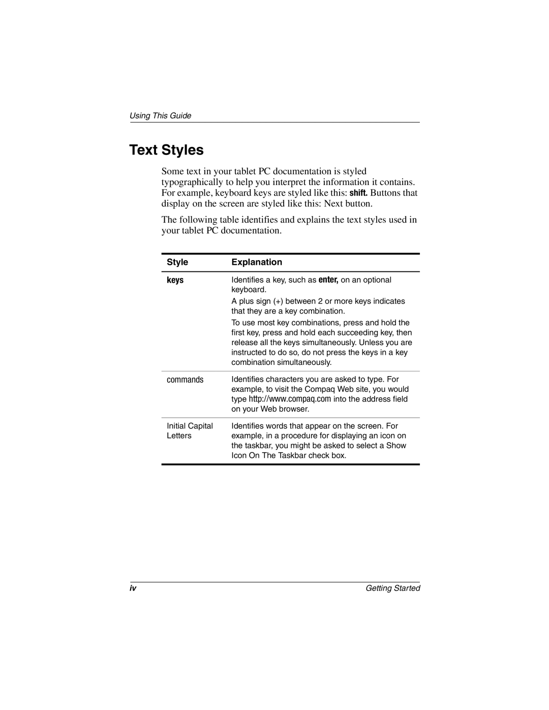 HP tc1000 manual Text Styles, Style Explanation Keys 