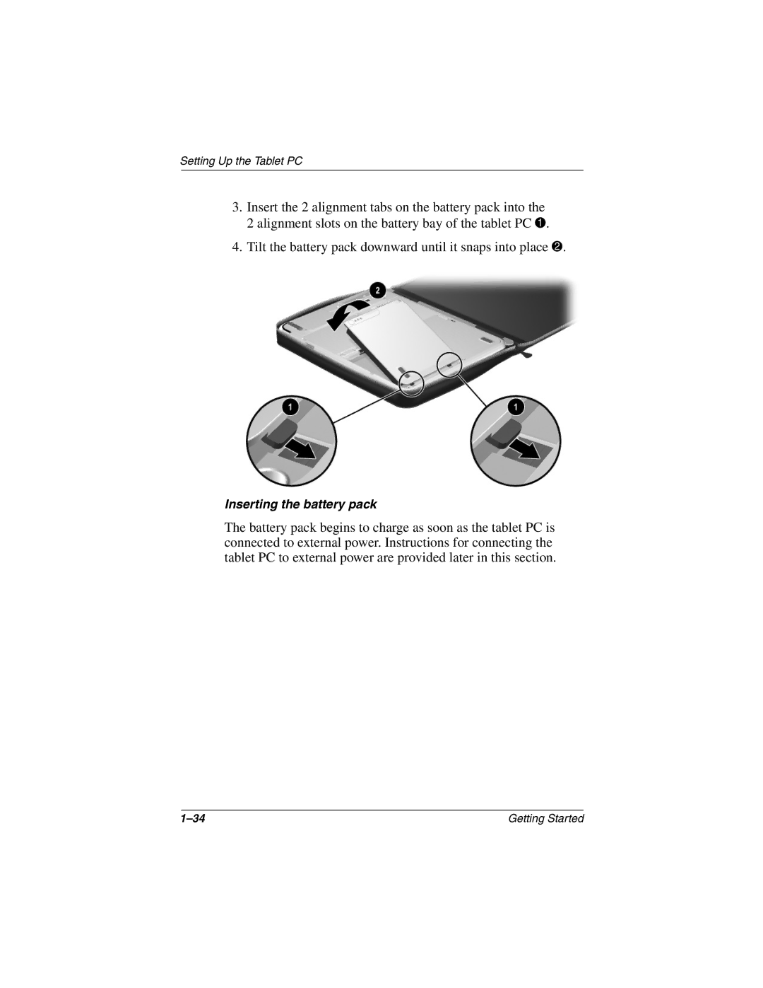 HP tc1000 manual Inserting the battery pack 