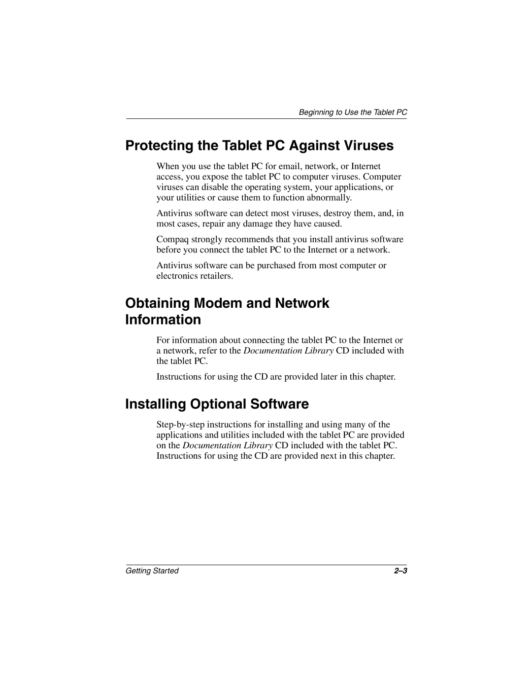 HP tc1000 Protecting the Tablet PC Against Viruses, Obtaining Modem and Network Information, Installing Optional Software 