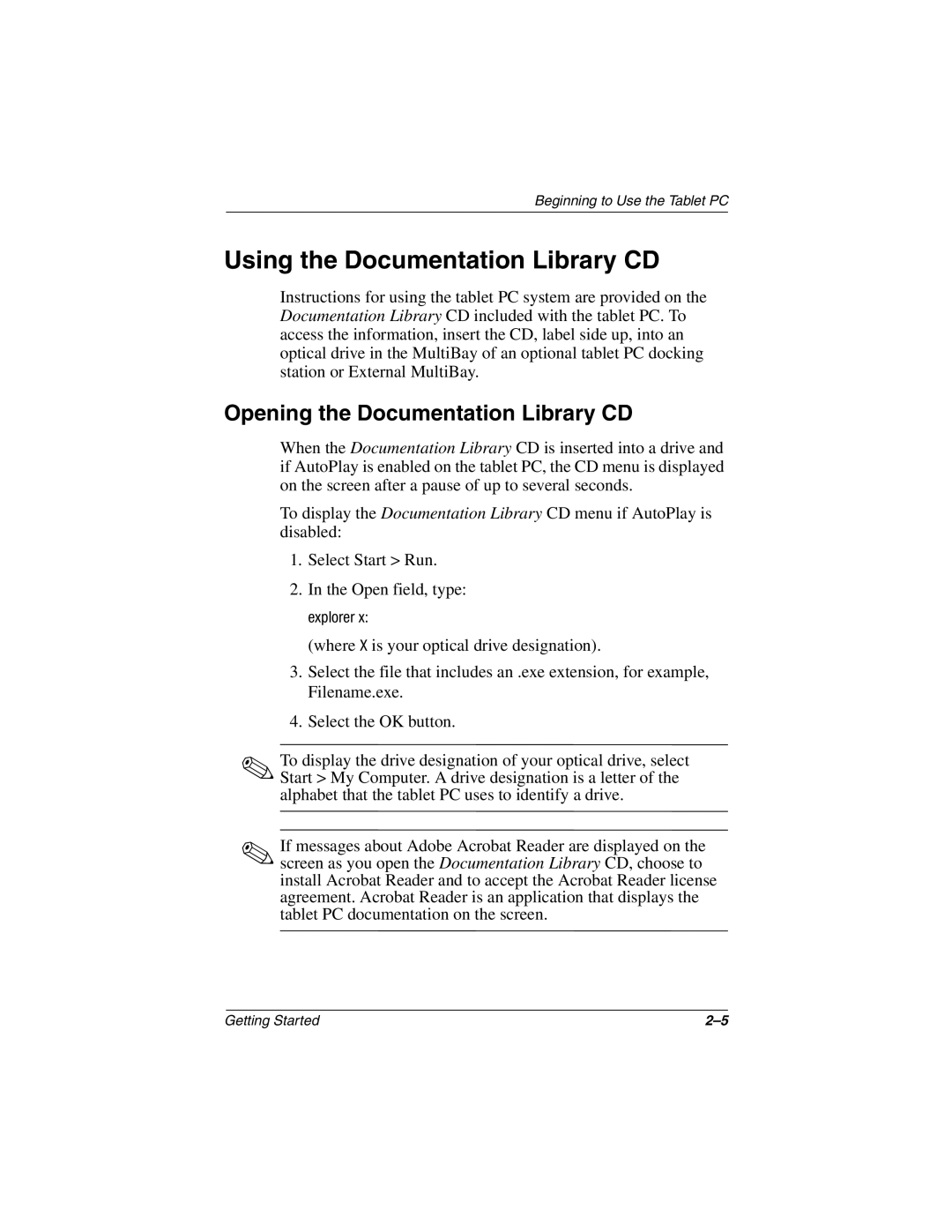 HP tc1000 manual Using the Documentation Library CD, Opening the Documentation Library CD 