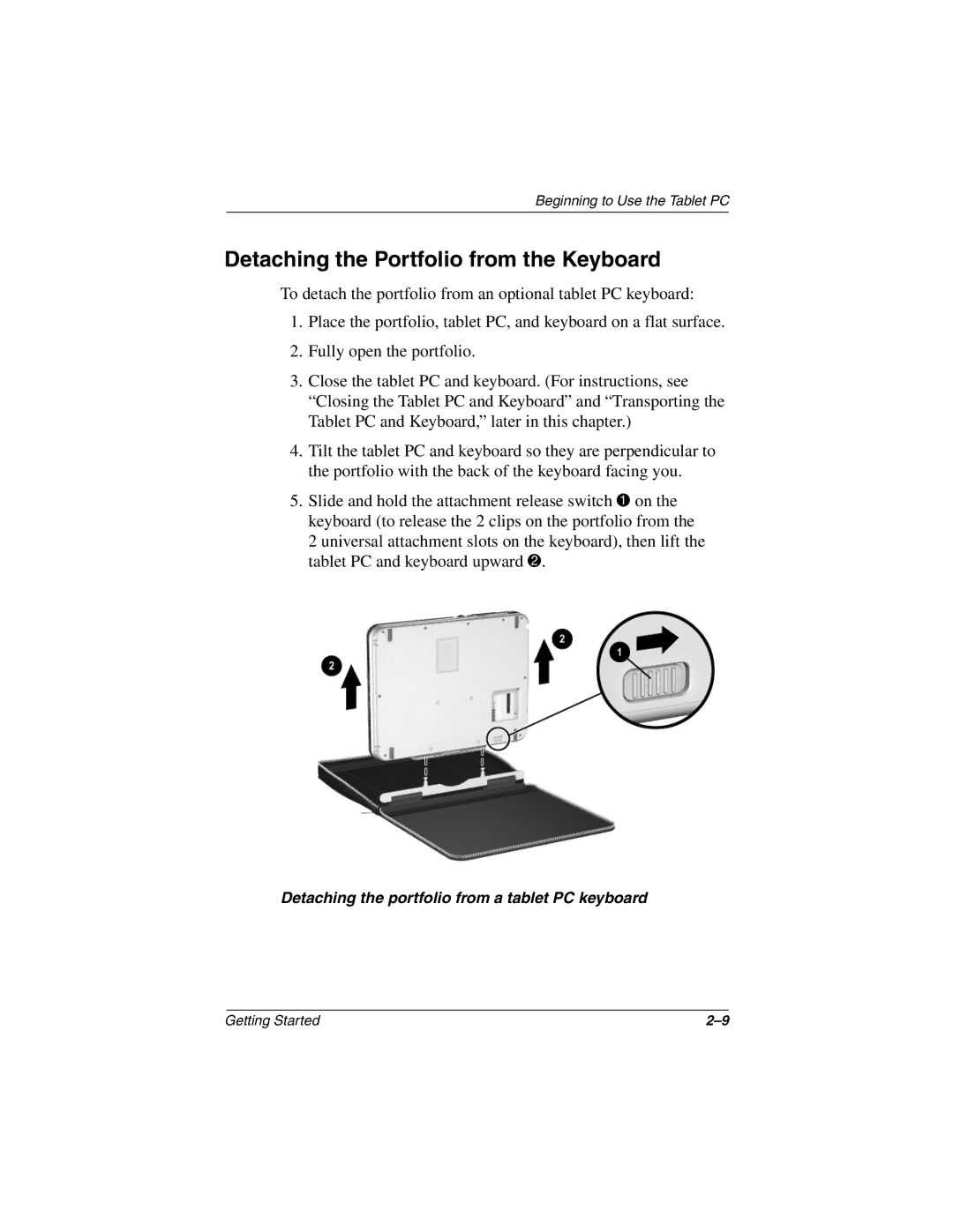 HP tc1000 manual Detaching the Portfolio from the Keyboard 