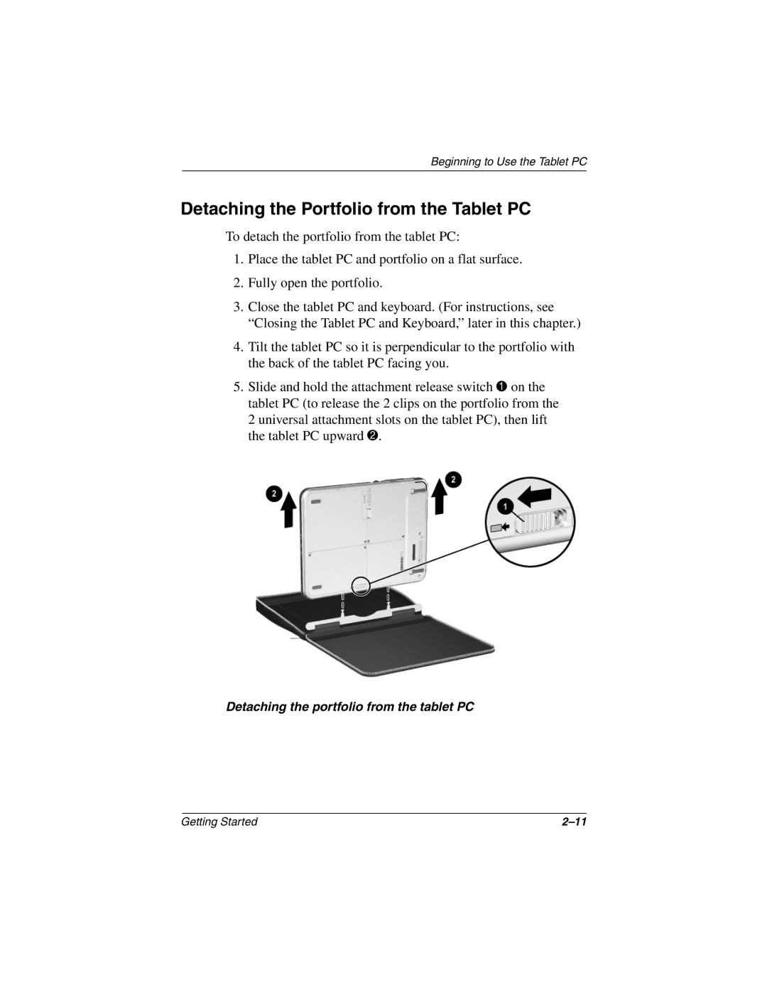 HP tc1000 manual Detaching the Portfolio from the Tablet PC 