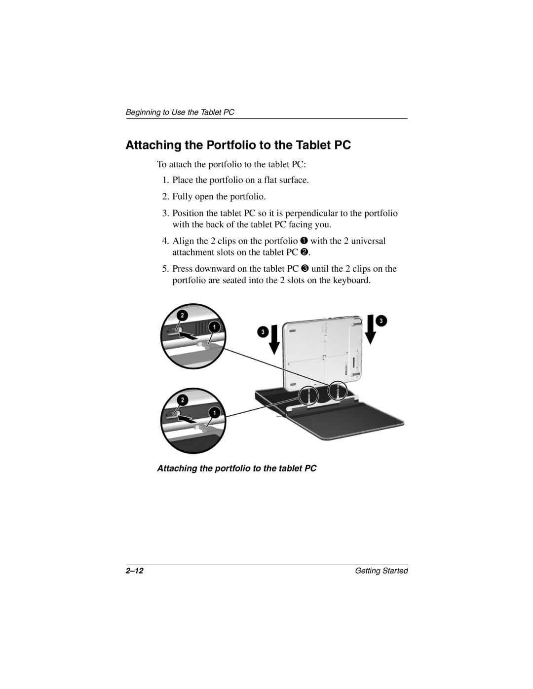 HP tc1000 manual Attaching the Portfolio to the Tablet PC 