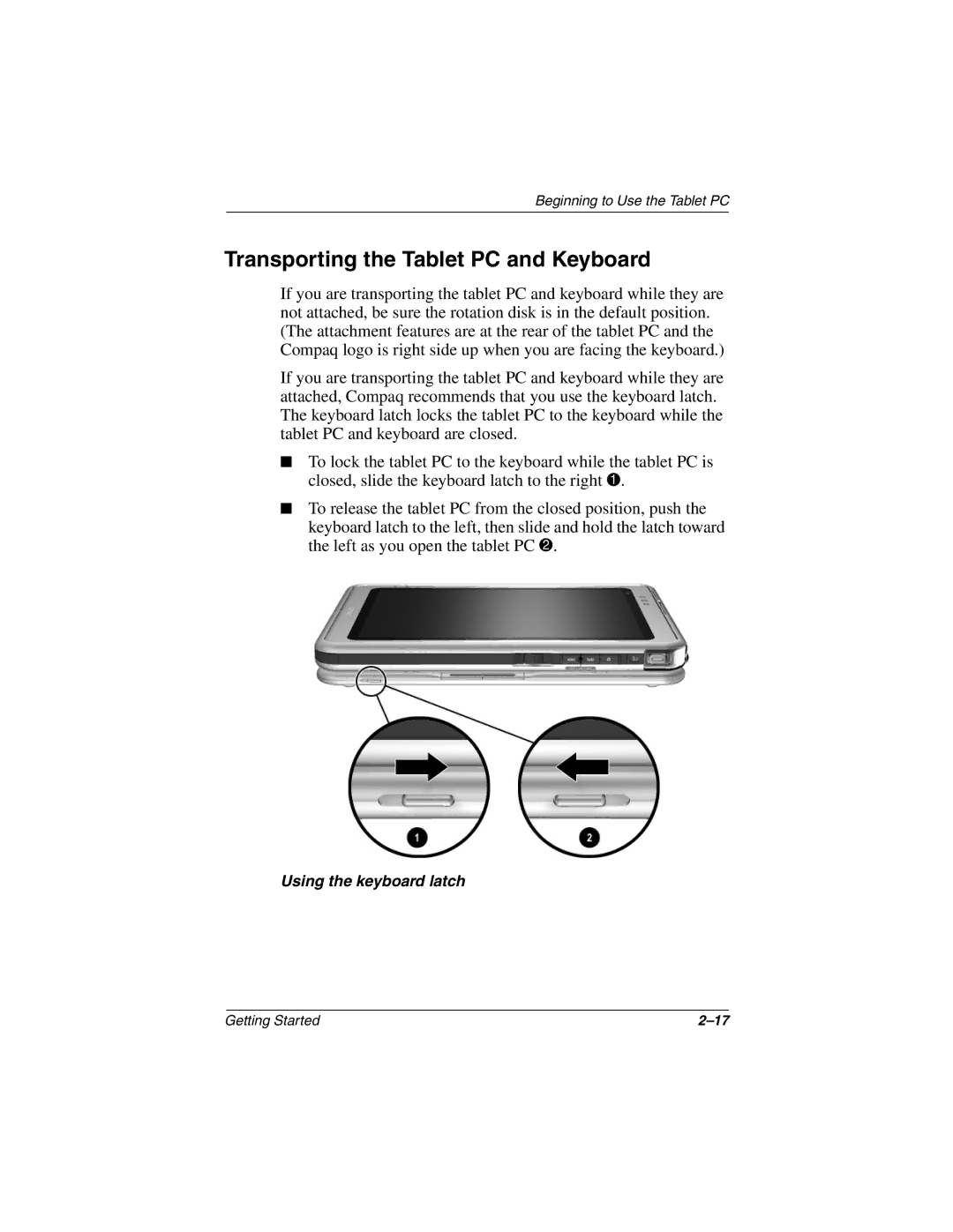 HP tc1000 manual Transporting the Tablet PC and Keyboard 