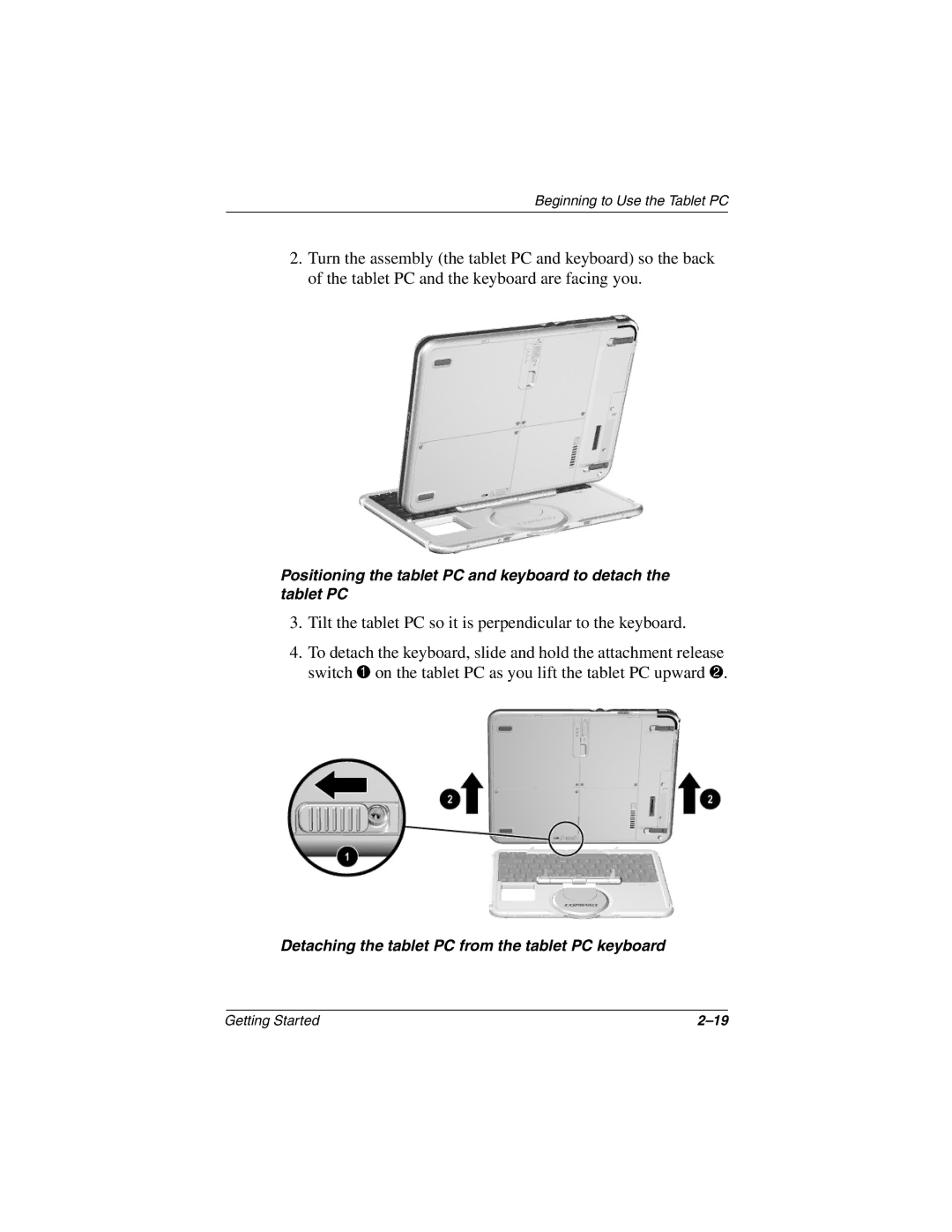 HP tc1000 manual Detaching the tablet PC from the tablet PC keyboard 