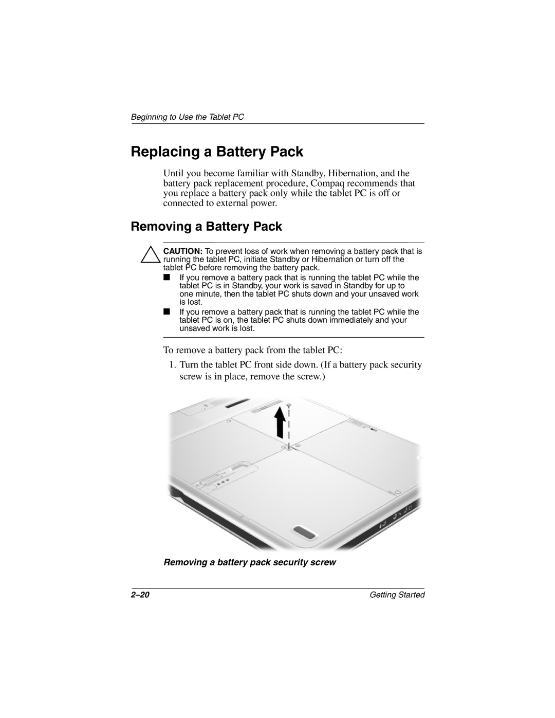 HP tc1000 manual Replacing a Battery Pack, Removing a Battery Pack 