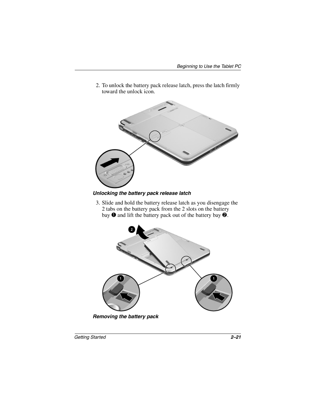 HP tc1000 manual Unlocking the battery pack release latch 