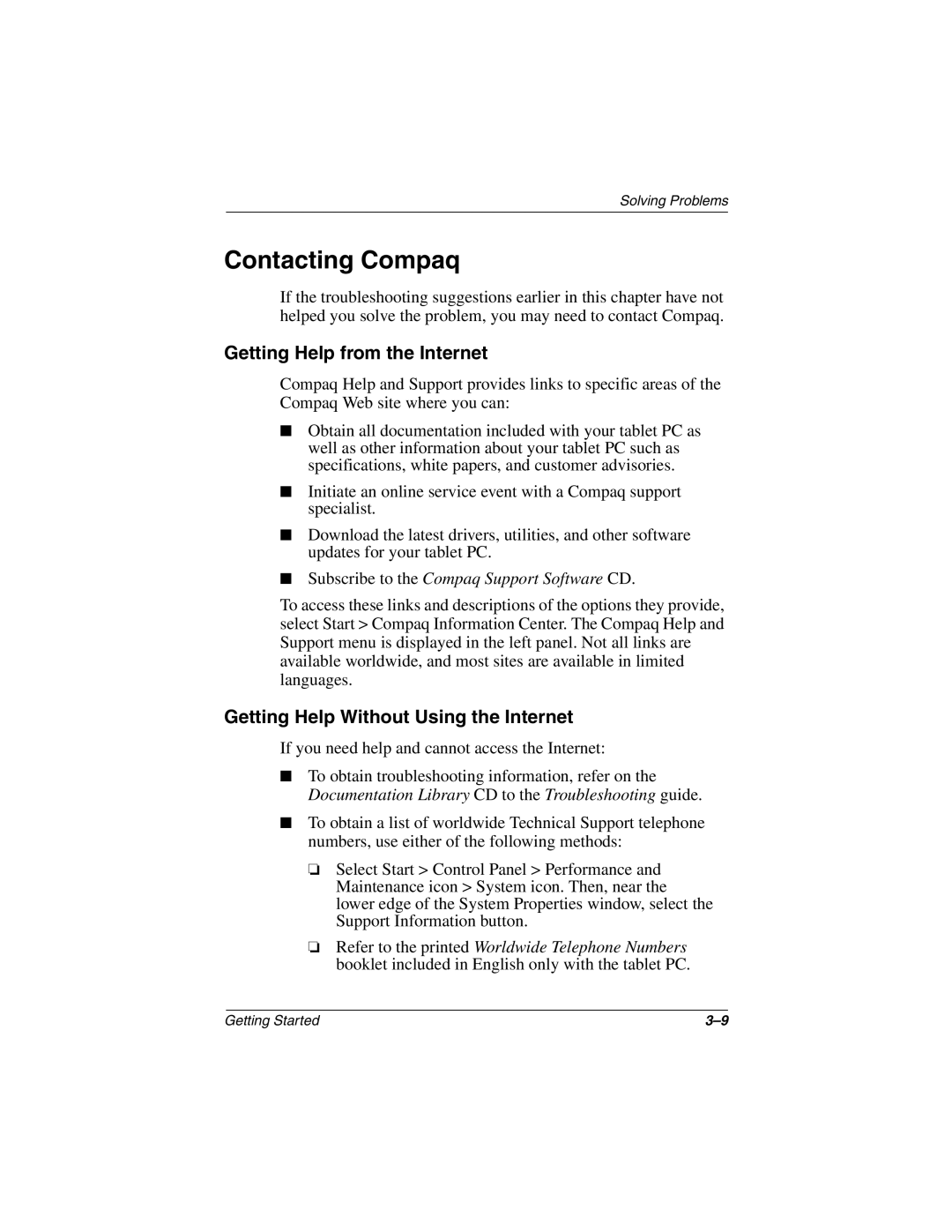 HP tc1000 manual Contacting Compaq, Getting Help from the Internet 