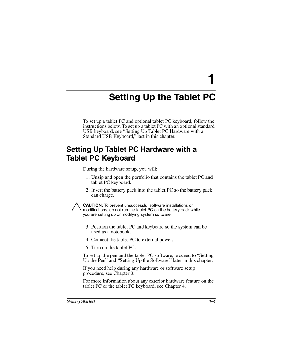 HP tc1000 manual Setting Up the Tablet PC, Setting Up Tablet PC Hardware with a Tablet PC Keyboard 